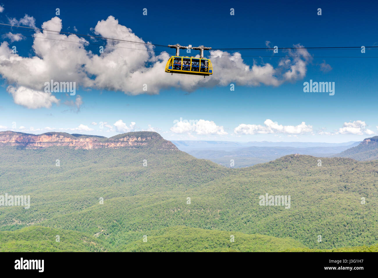 Scenic railway cable car passing in front of Mount Solitary, Blue mountains national park,new