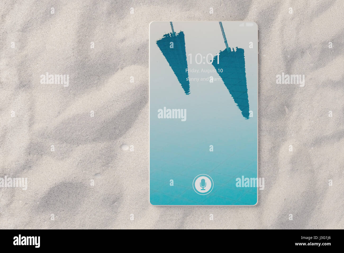 3D illustration of bezel-free smartphone lying in the sand on the beach as concept for online travel booking Stock Photo