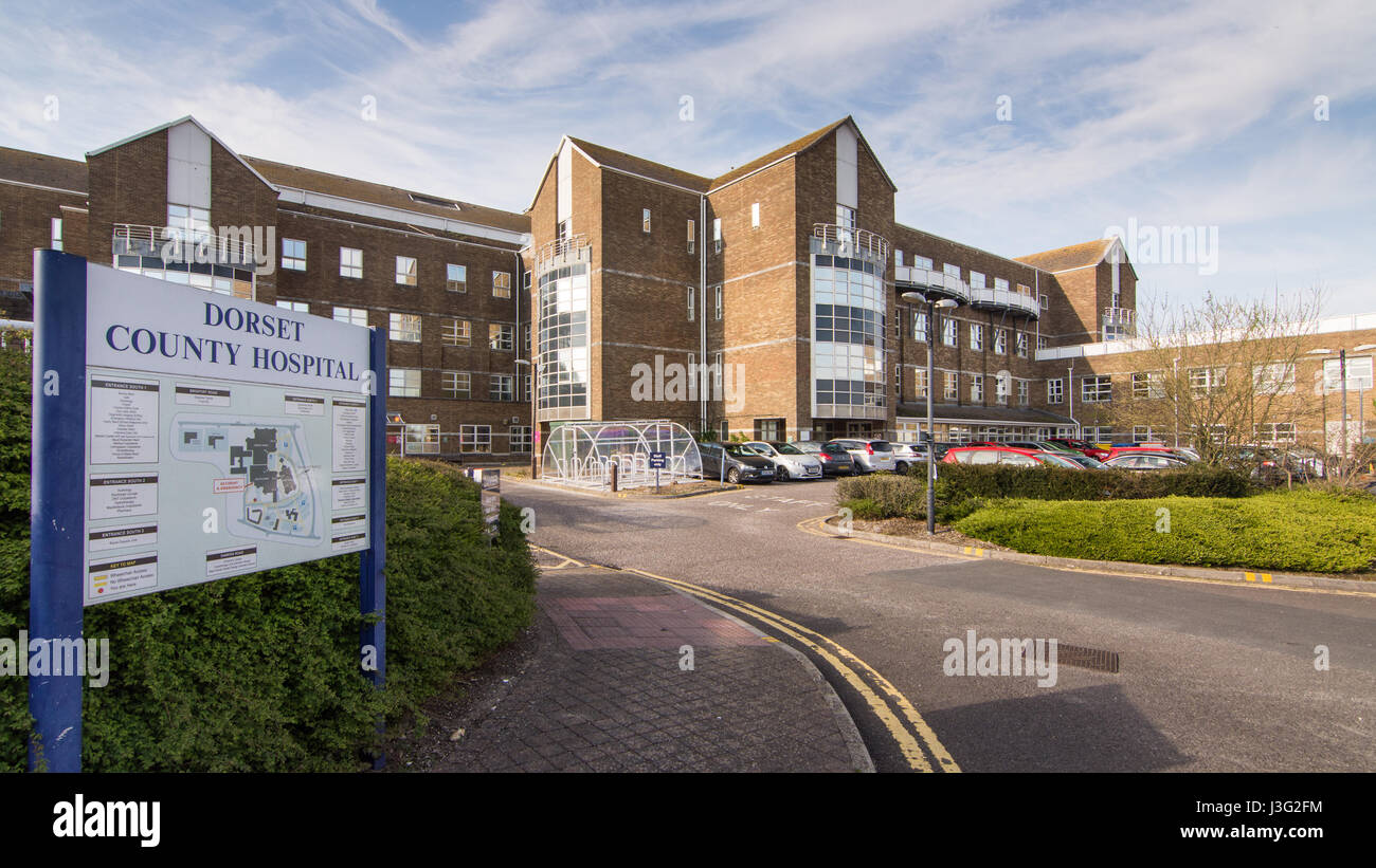 Dorchester, England, UK - May 7, 2016 - The entrance and buildings of Dorset County Hospital, a small regional hospital in Dorchester. Stock Photo