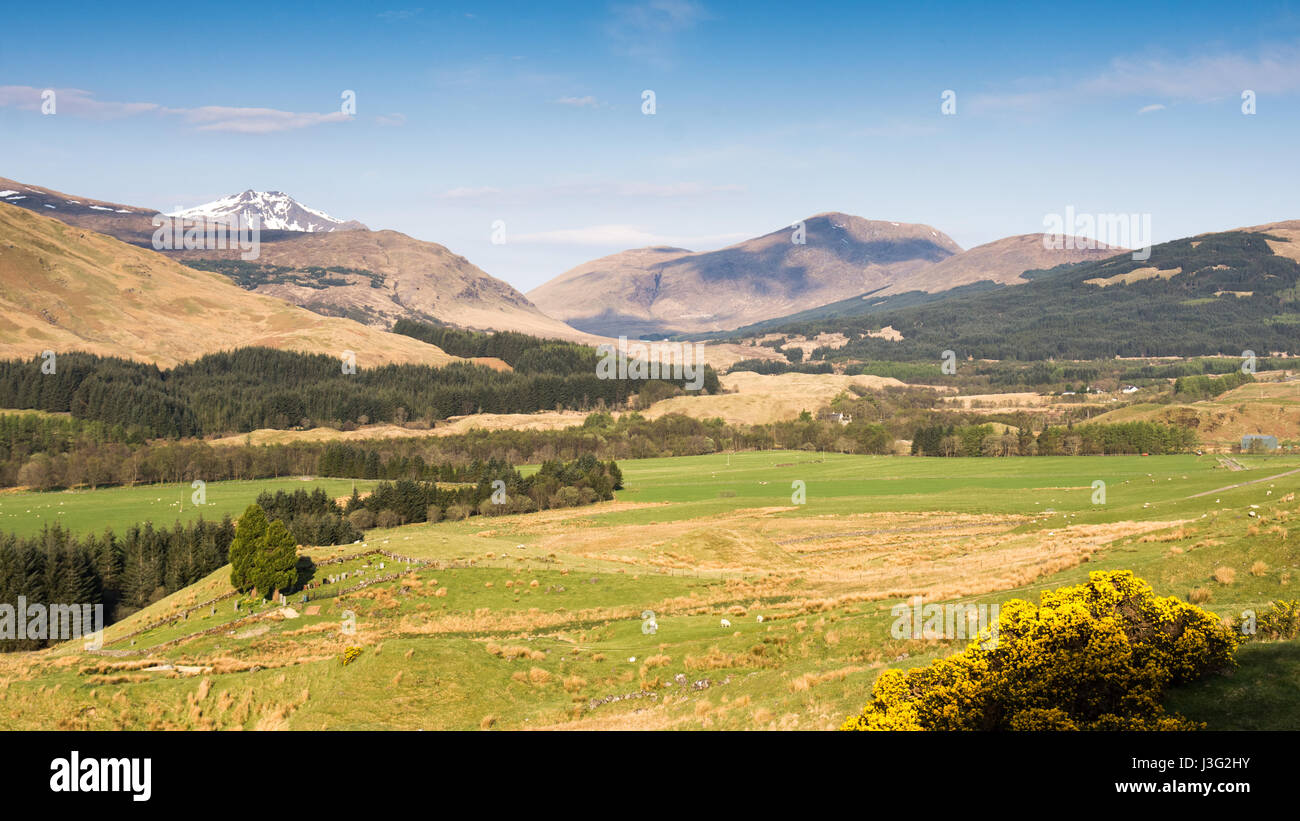 The glacial valley of Strath Fillan at Tyndrum in the West Highlands of Scotland, viewed from the West Highland Railway. Stock Photo