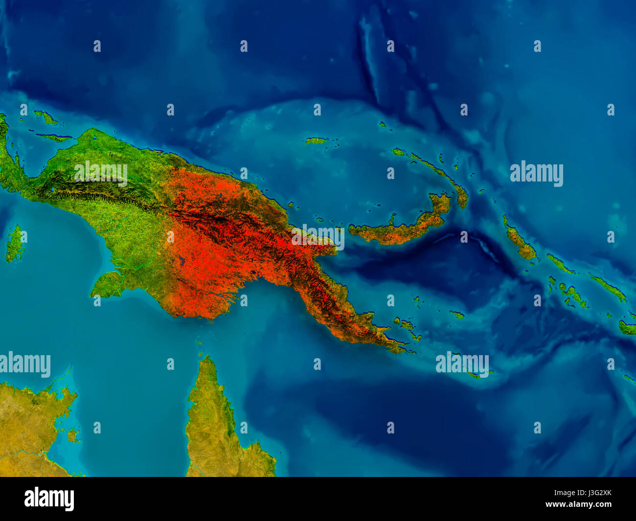 Papua New Guinea Highlighted In Red On Physical Map 3D Illustration Papua New Guinea Highlighted In Red On Physical Map 3d Illustration J3G2XK