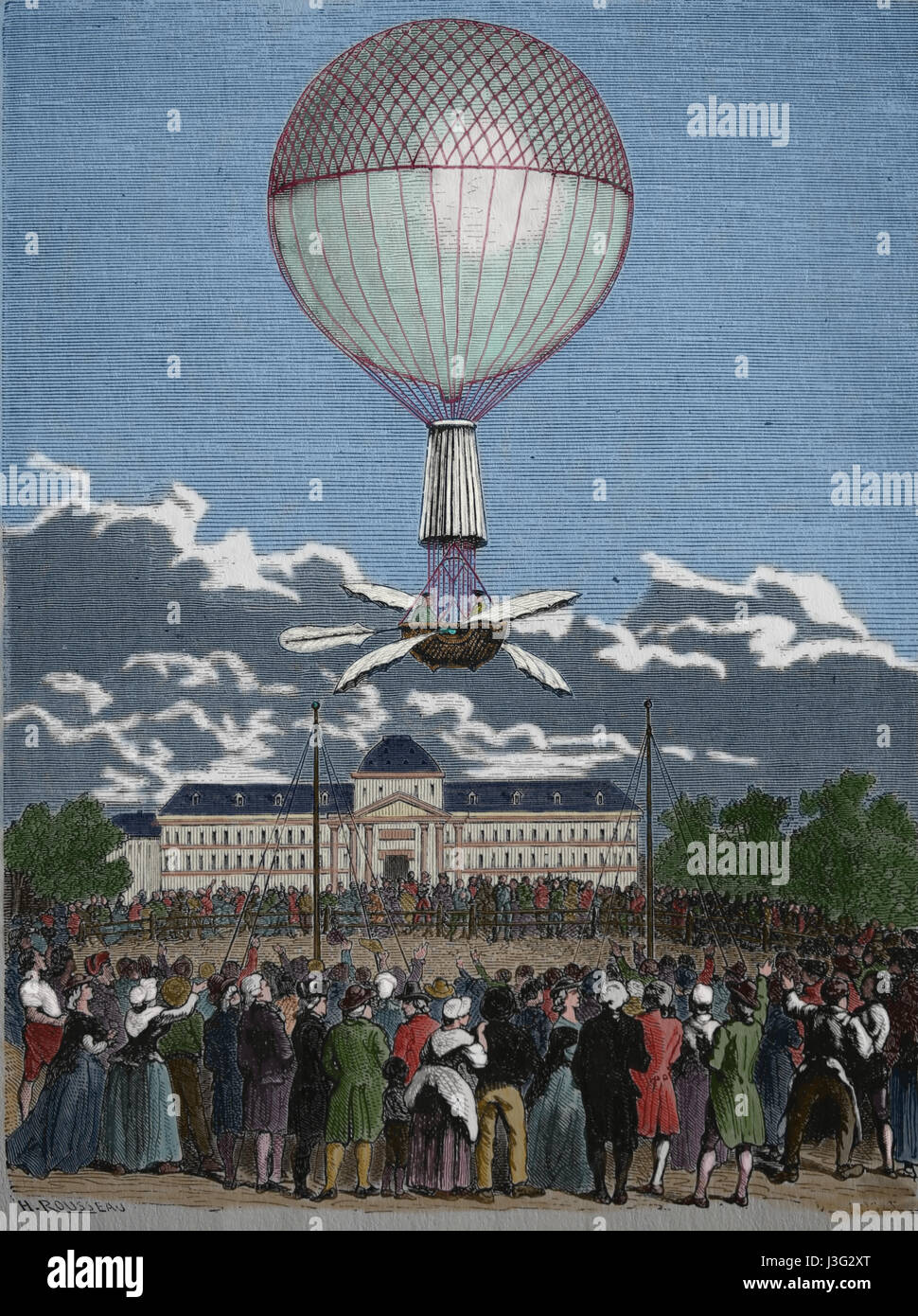The first sucessfull balloon flight of Jean-Pierre Francois Flanchard (1753-1809). Hydrogen gas lauched from the Champ de Mars, Paris, France, 2 march Stock Photo