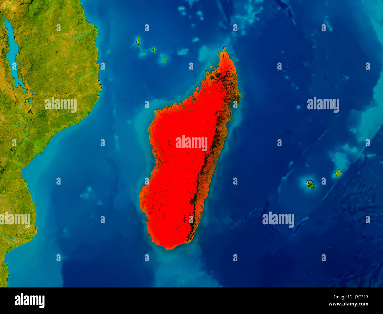 Madagascar Highlighted In Red On Physical Map 3D Illustration Madagascar Highlighted In Red On Physical Map 3d Illustration Elements J3G313