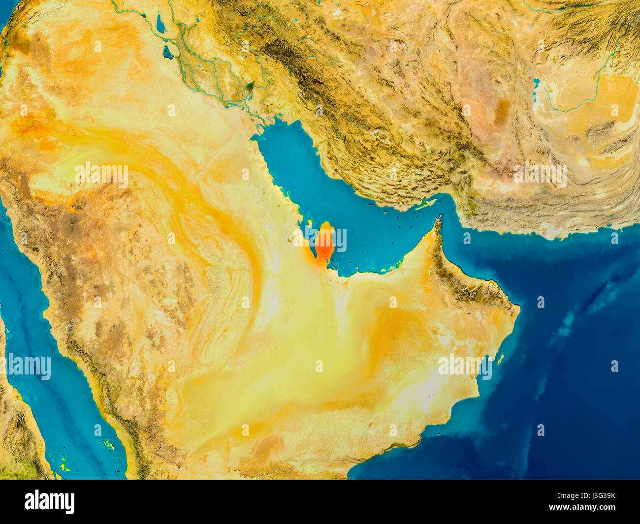 Qatar highlighted in red on physical map. 3D illustration. Elements of ...