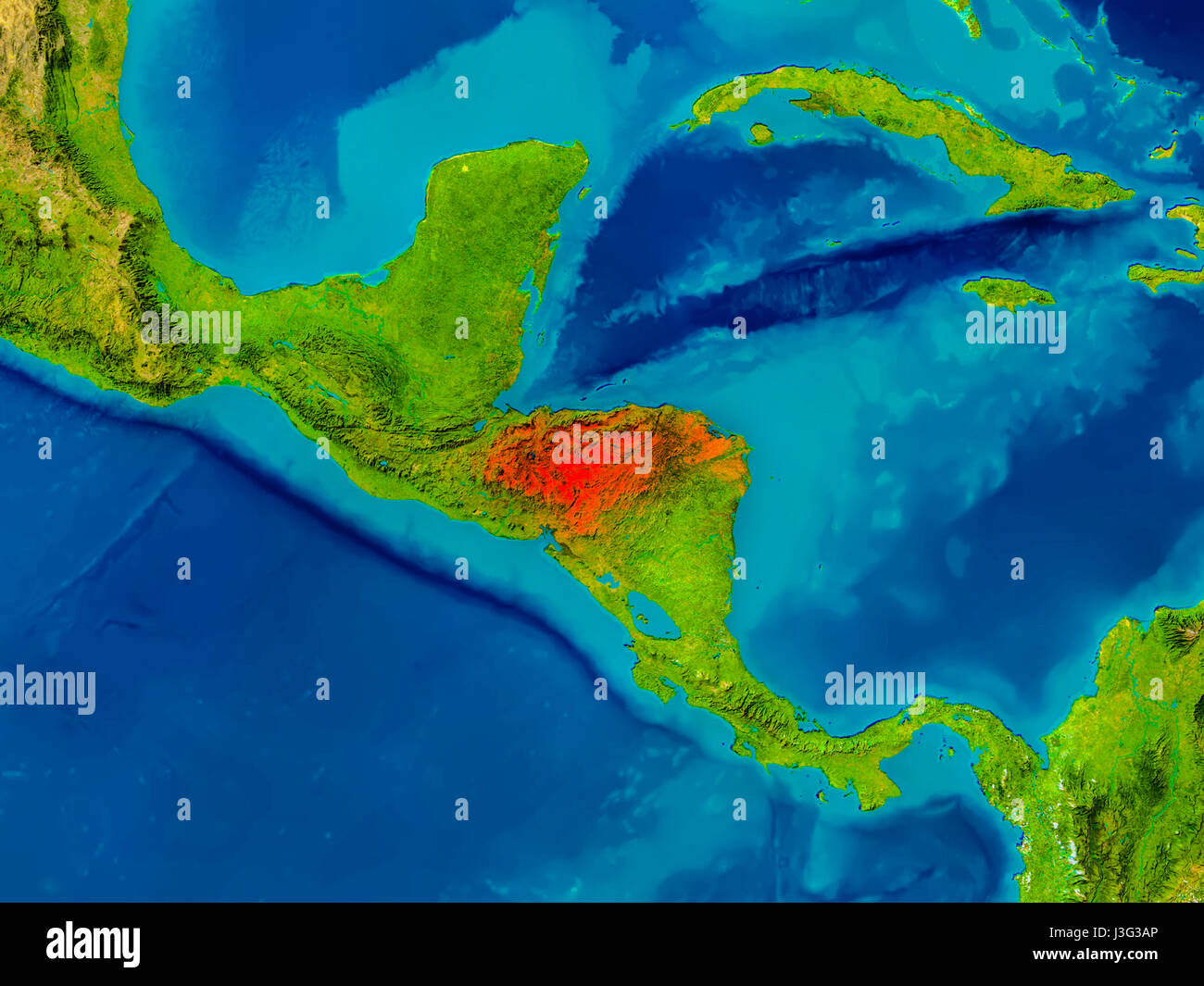 Honduras highlighted in red on physical map. 3D illustration. Elements of this image furnished by NASA. Stock Photo