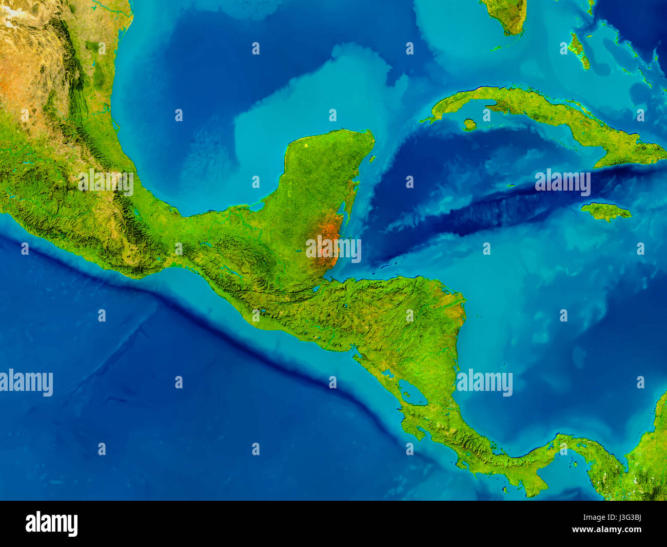 Belize highlighted in red on physical map. 3D illustration. Elements of