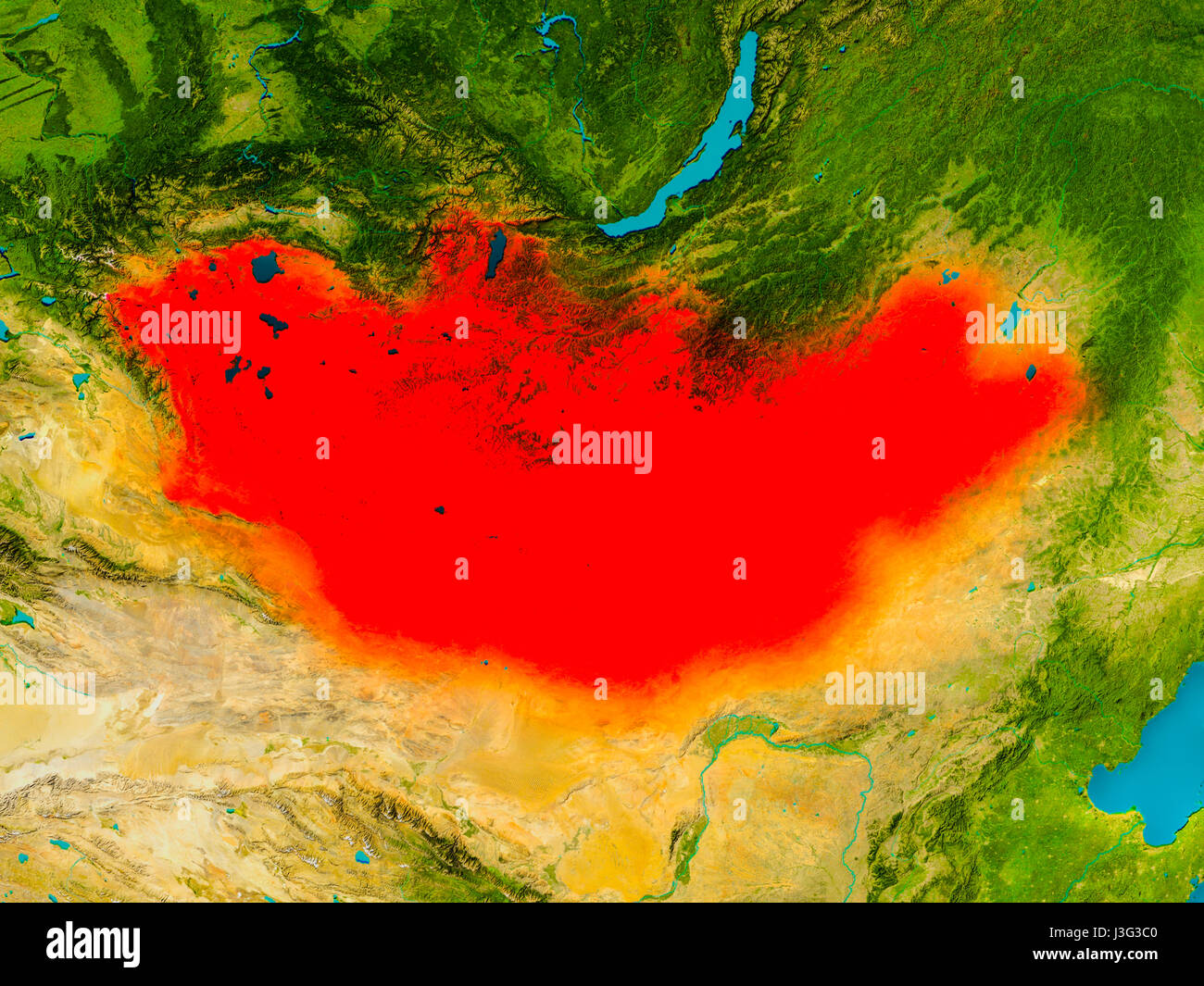 Mongolia highlighted in red on physical map. 3D illustration. Elements