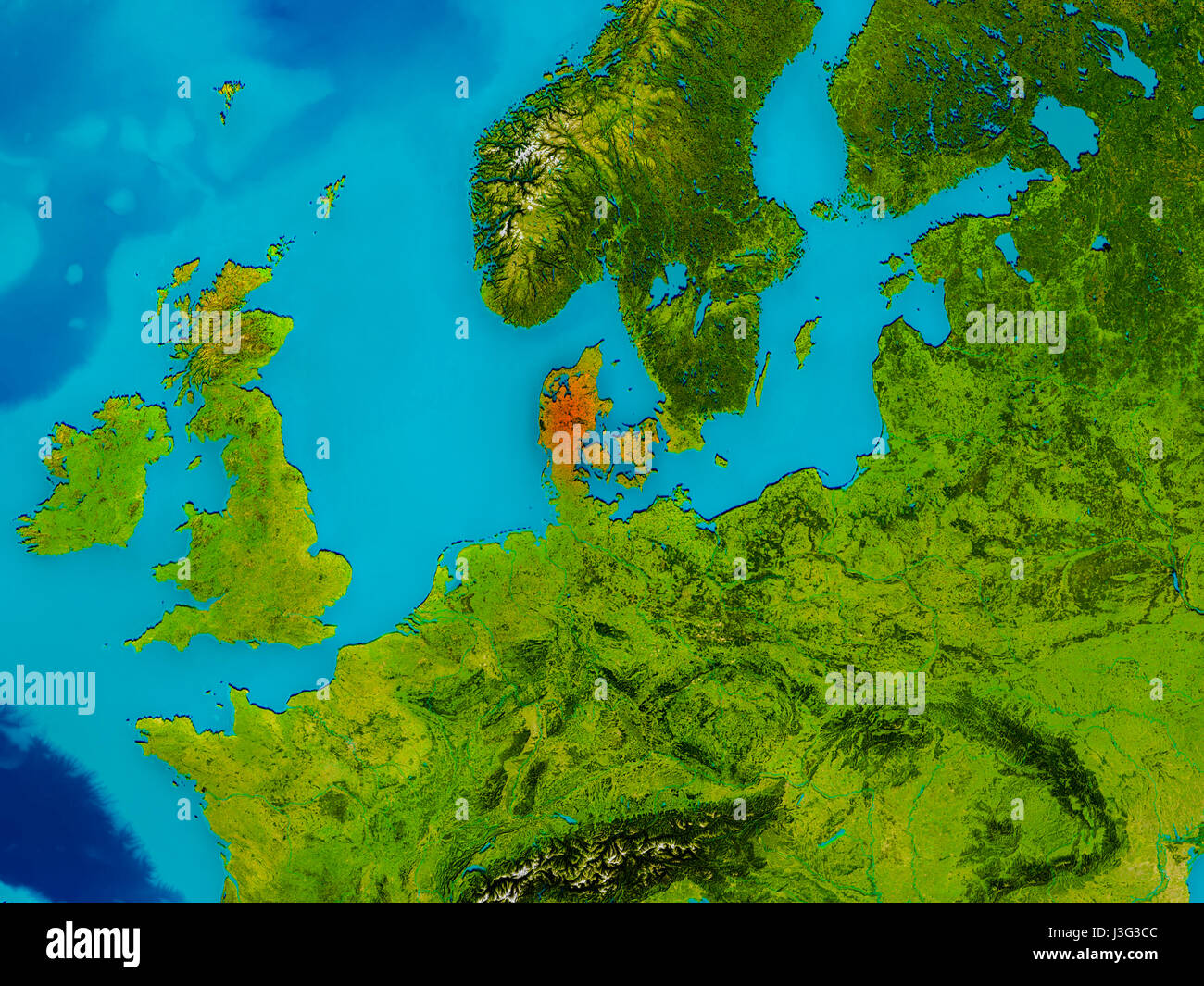 Denmark Highlighted In Red On Physical Map 3D Illustration Elements Denmark Highlighted In Red On Physical Map 3d Illustration Elements J3G3CC