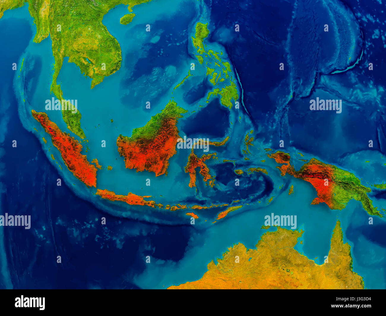 Indonesia highlighted in red on physical map. 3D illustration. Elements of this image furnished by NASA. Stock Photo
