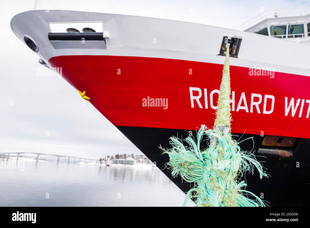Hurtigruten Coastal Express cruise ship 'Richard With' docked at Finnsnes, Troms County, Norway. Stock Photo