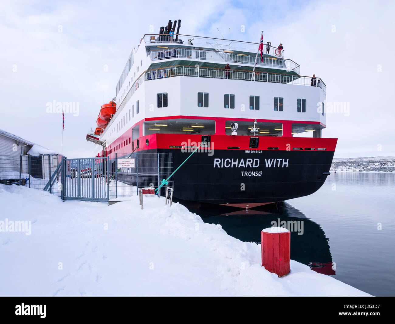 Hurtigruten Coastal Express cruise ship 'Richard With' docked at Finnsnes, Troms County, Norway.port Stock Photo