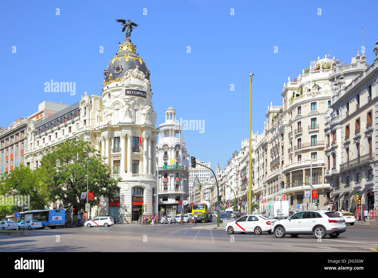 Madrid, Spain - September 01, 2016: The Metropolis building on the corner of Calle de Alcala and Gran Via street in Madrid Stock Photo
