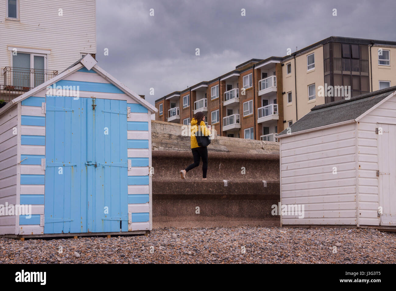Beach huts and blocks of flats in Seaton Devon Stock Photo Alamy