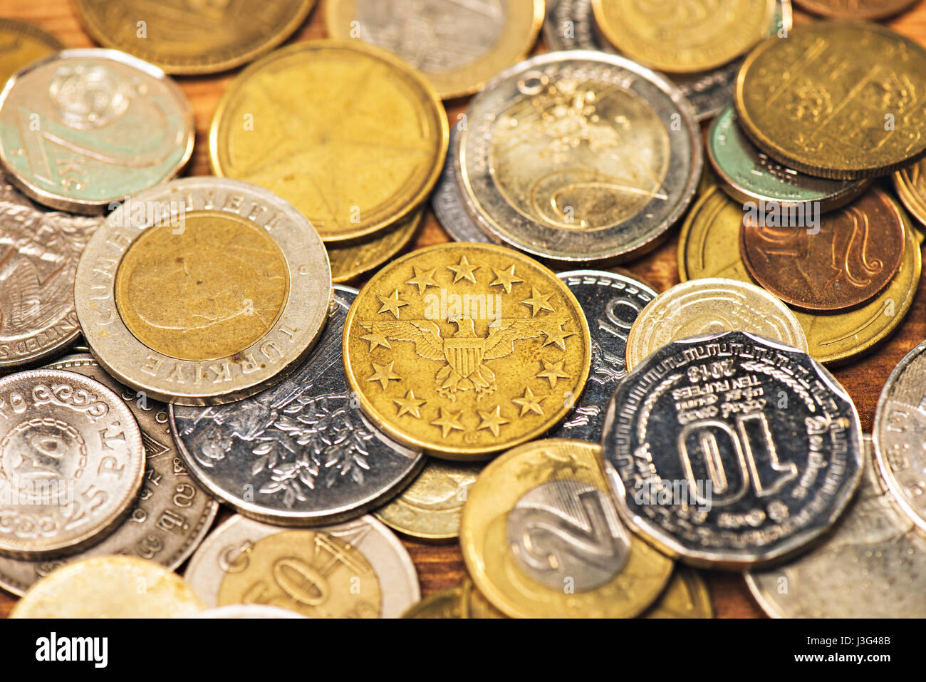 top view and close up of different coins background Stock Photo - Alamy