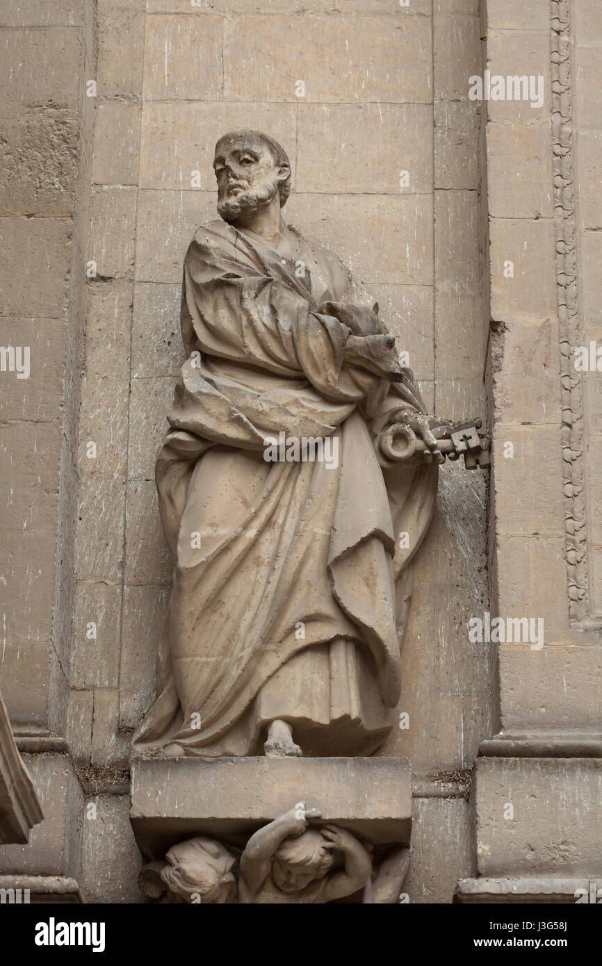 Saint Peter the Apostle. Baroque statue on the main facade of the Granada Cathedral (Catedral de Granada) in Granada, Andalusia, Spain. Stock Photo