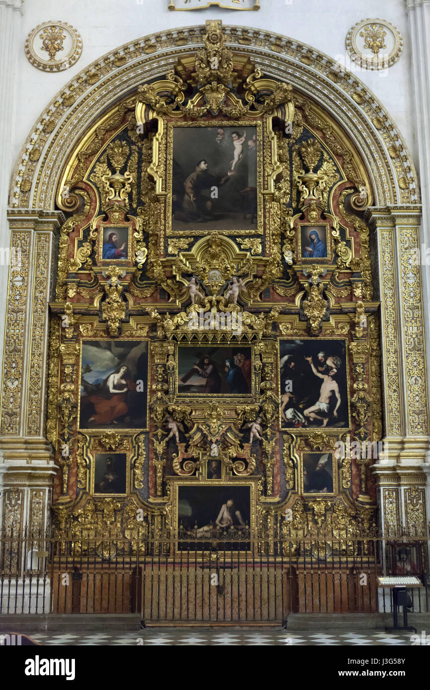 Chapel of Jesus of Nazareth (Capilla de Jesus Nazareno) in the Granada Cathedral (Catedral de Granada) in Granada, Andalusia, Spain. Painting of Saint Francis of Assisi by Spanish mannerist painter El Greco is seen in the left down. Stock Photo