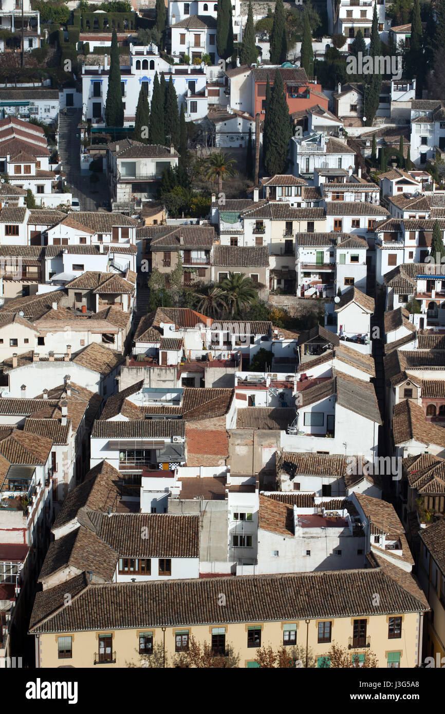 El Albayzin district in Granada, Andalusia, Spain, pictured from the Nasrid Palaces in the Alhambra Palace. Stock Photo