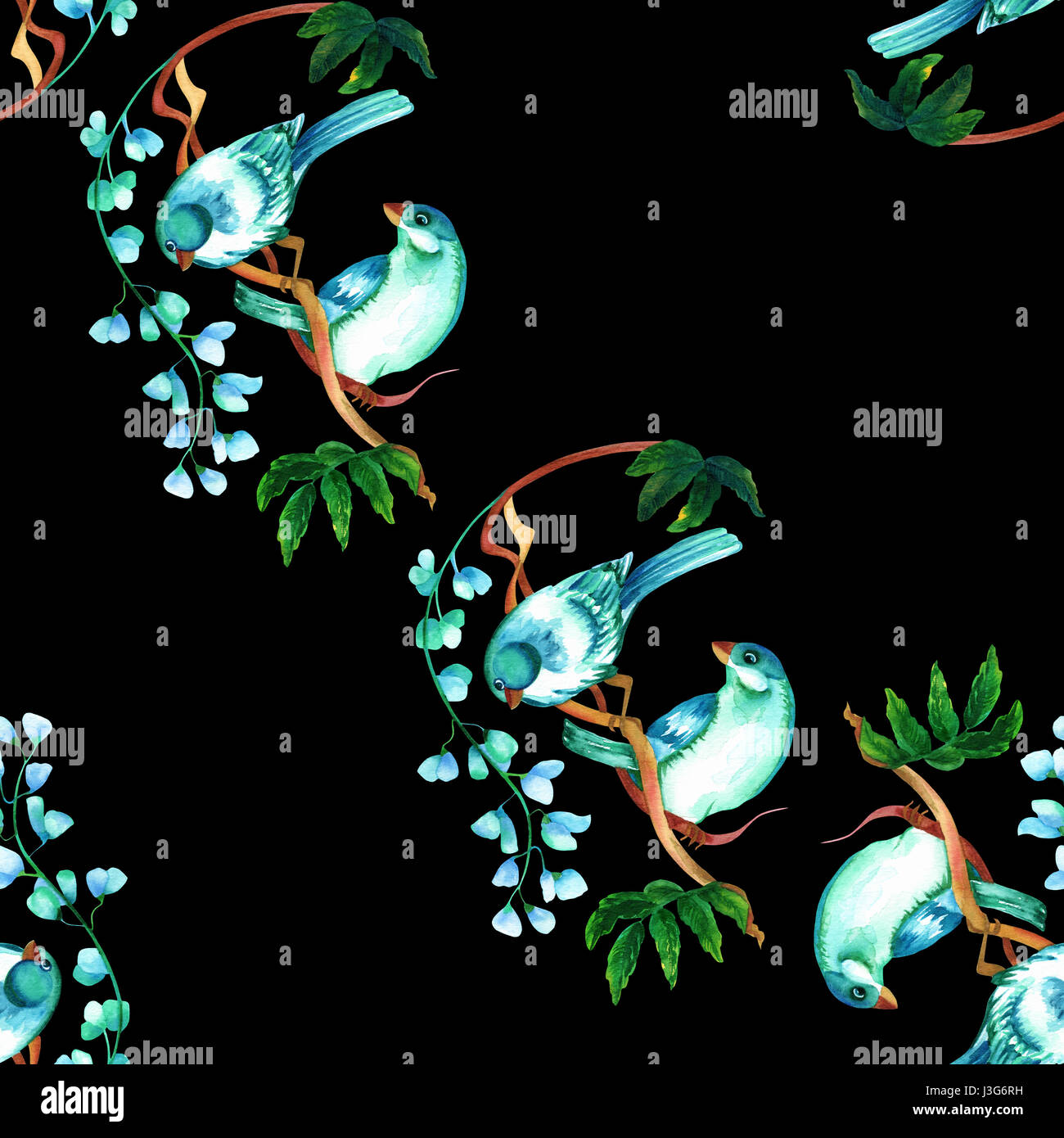 A seamless pattern with a couple of vibrant teal blue watercolor birds ...