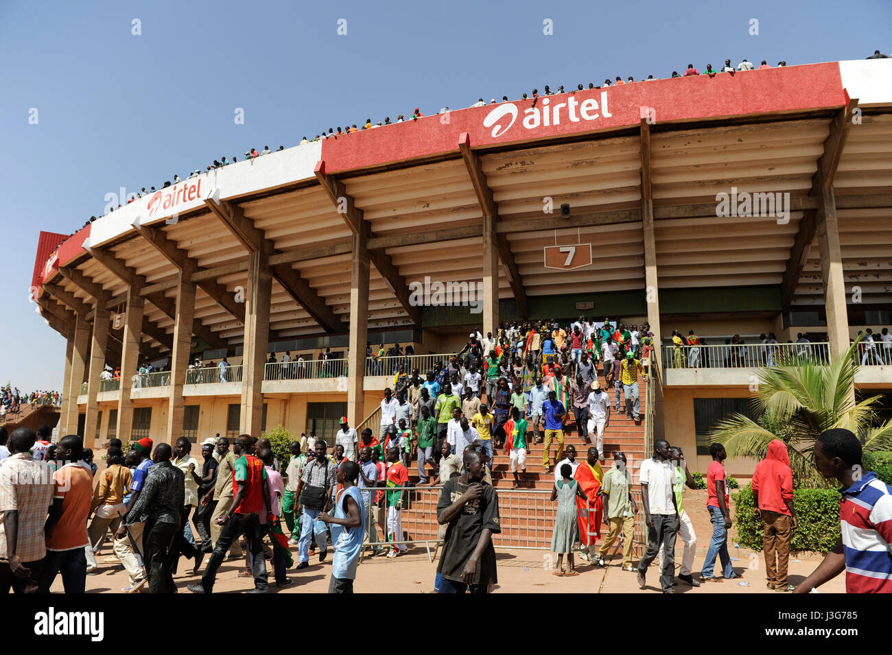 BURKINA FASO, capital Ouagadougou, reception of the national football team of Burkina Faso as 2nd winner of the Africa Cup 2013 in Stadium in Ougadougou, sponsoring and advertisement by mobile phone company Airtel Stock Photo