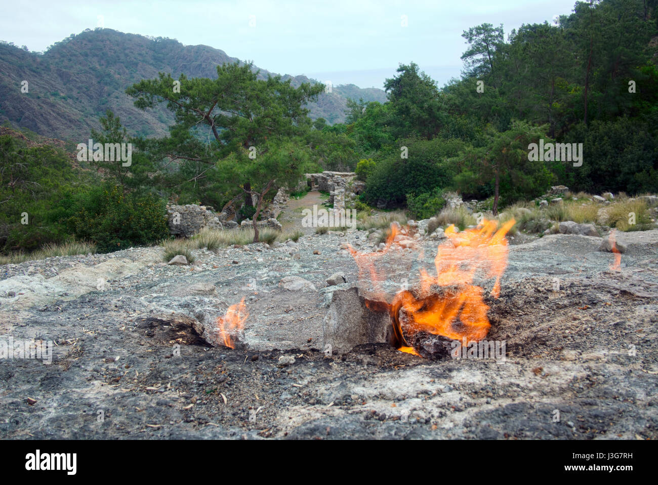 himera fire, famous place on Lycia way, located on mountain near Chirali, Kemer, Turkey Stock Photo