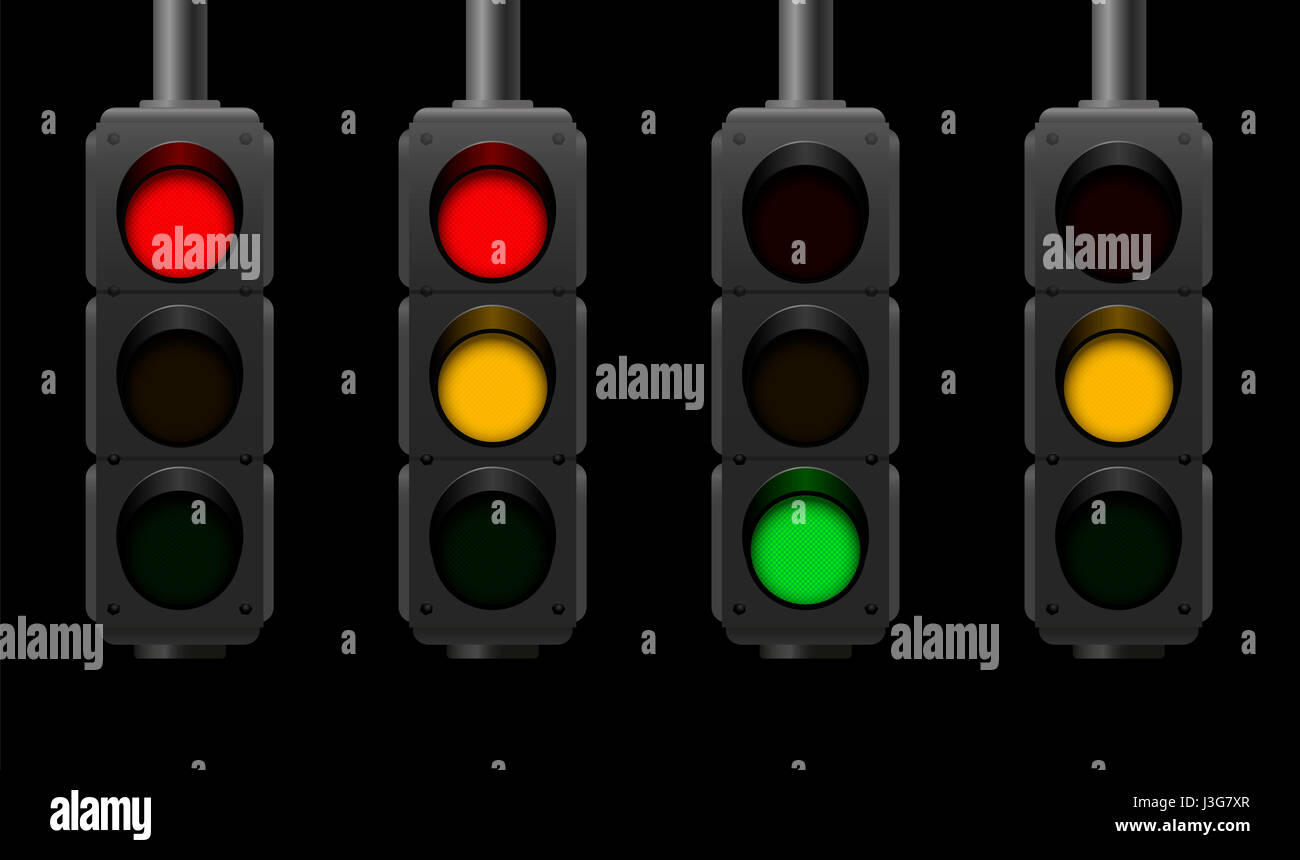Traffic lights with different usual signal sequences - night scene - illustration on black background. Stock Photo