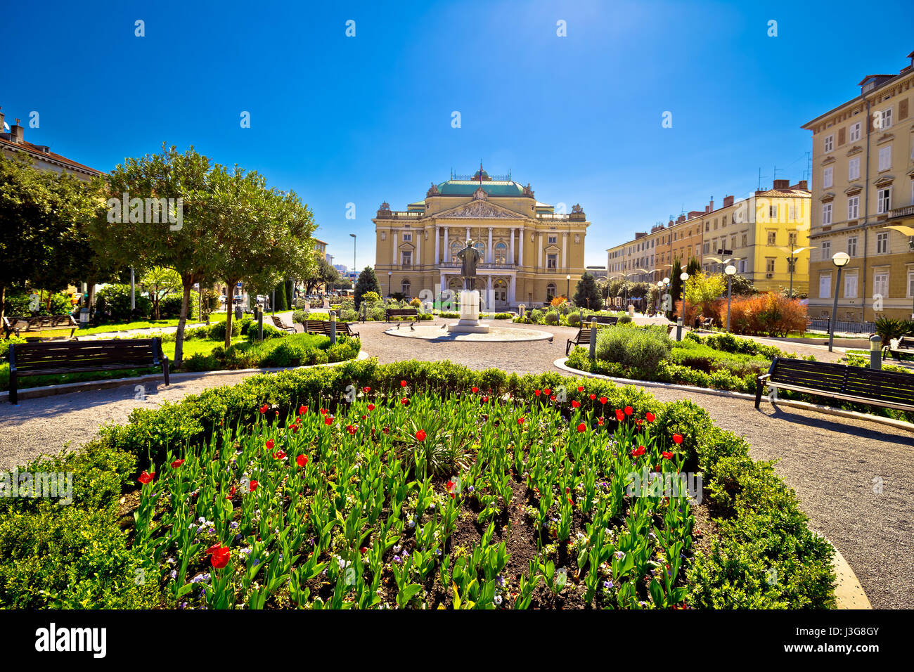 Croatian national theater in Rijeka square view, fountain and architecture, Kvarner bay, Croatia Stock Photo