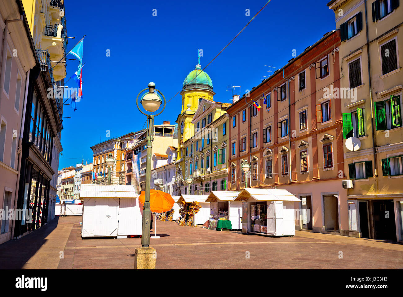Korzo square in city of Rijeka, clock tower and colorful architecture, Kvarner bay, Croatia Stock Photo