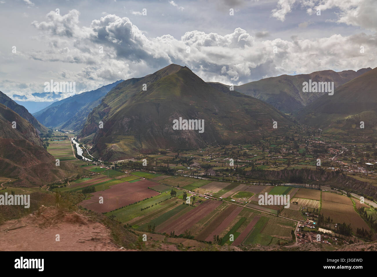 Peru valley in ollantaytambo aerial view. Mountain landscape in touristic destination Stock Photo