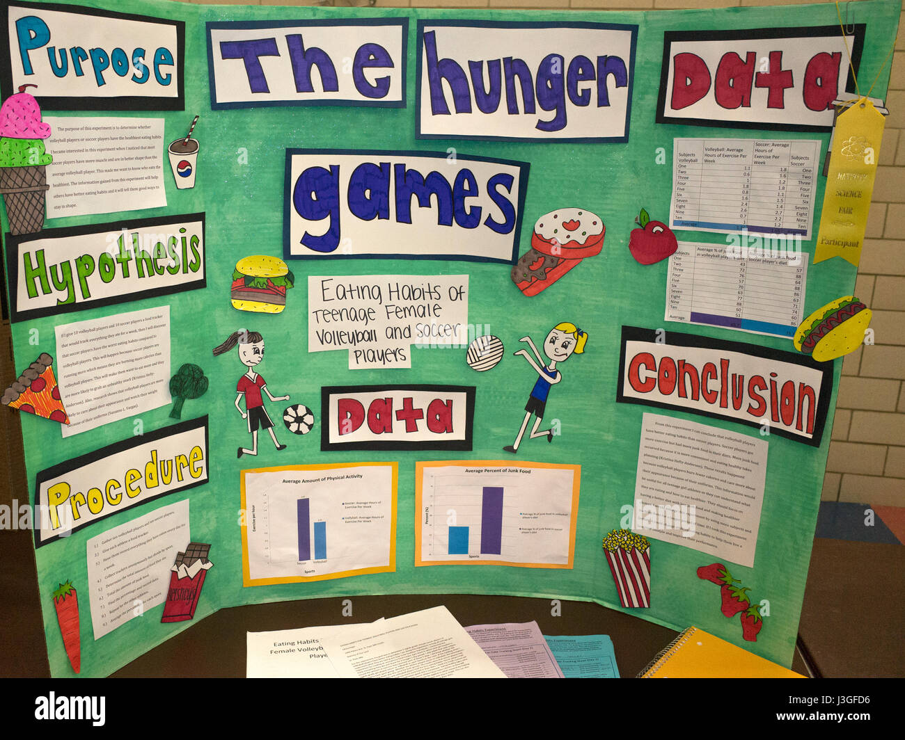 Science poster project on the eating habits of junior high school women volleyball and soccer athletes. St Paul Minnesota MN USA Stock Photo