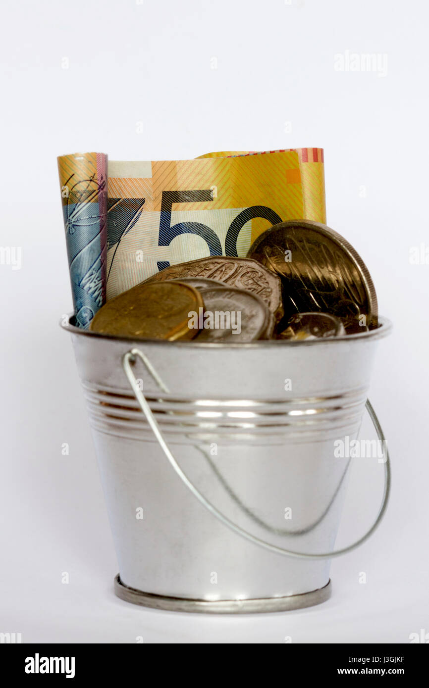 Australian cash in a silver bucket Stock Photo Alamy