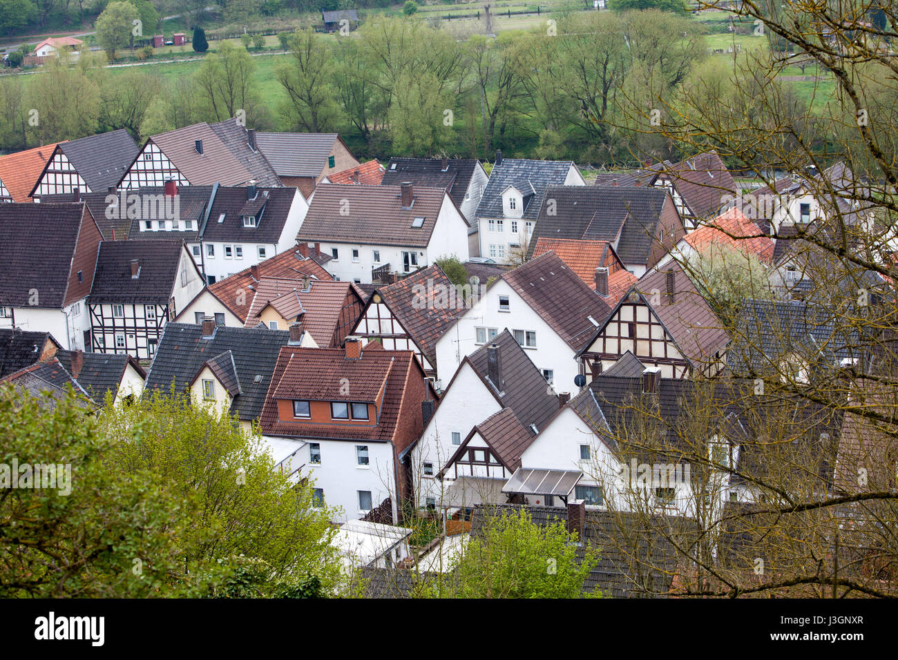 Helmarshausen, Bad Karlshafen, Upper Weser Valley,  Weser Uplands, Weserbergland, Reinhardswald, Hesse, Germany Stock Photo