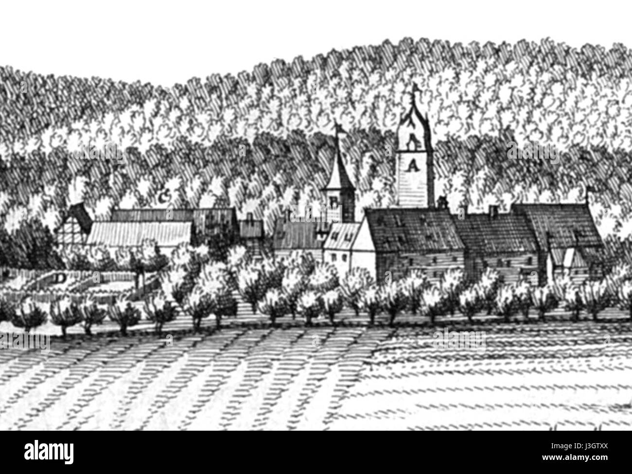 'Gebhartshagen Burg Merian' is an illustration of the Gebhartshagen Castle, an architectural landmark located in Germany, created by Merian. Stock Photo