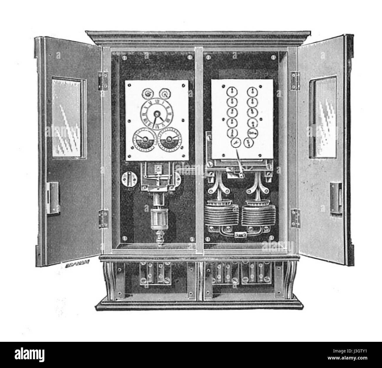 The GEC two-rate electricity meter, featured in 'Electrical Installations' by Rankin Kennedy, Vol II, 1909, is a device designed for measuring electrical consumption at two different rates. This type of meter was often used for commercial and industrial purposes to track electricity usage during off-peak and peak hours. Stock Photo