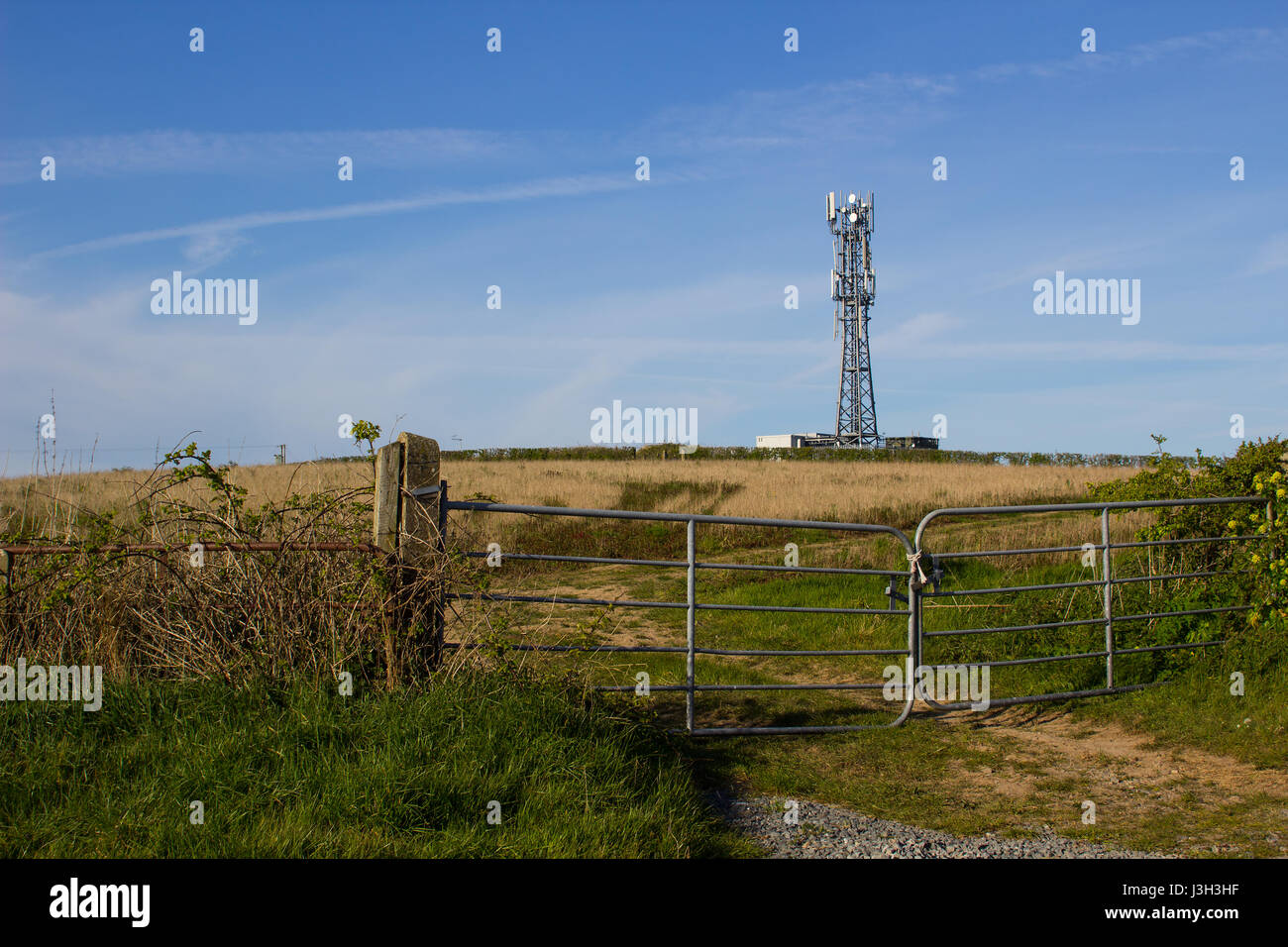 A typical radio and mobile phone network telecommunications tower situate in farmland near Groomsport in County Down, Northern Ireland makes an impres Stock Photo