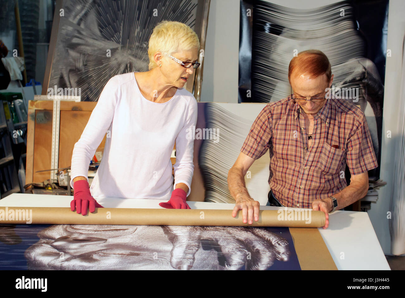 Miami Beach Florida,ArtCenter SouthFlorida,art gallery,collection,artist,blonde,senior seniors citizen citizens,woman female women,man men male,roll p Stock Photo