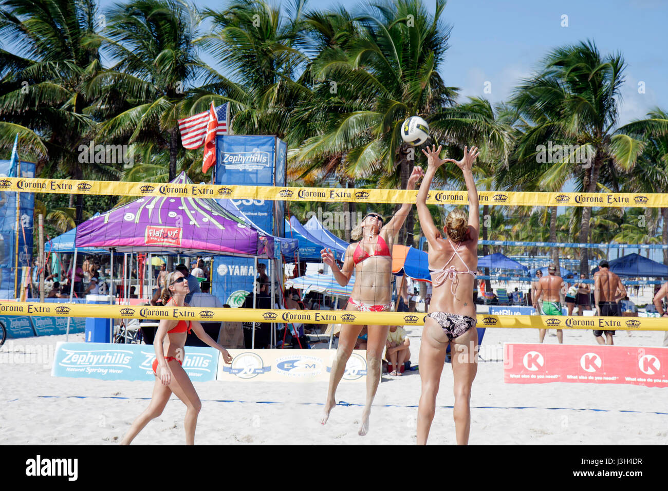 Miami Beach Florida,Lummus Park,beach volleyball competition,woman female women,bikini,sand,net,ball,sport,athlete,fitness,tanning,sun exposure,muscul Stock Photo
