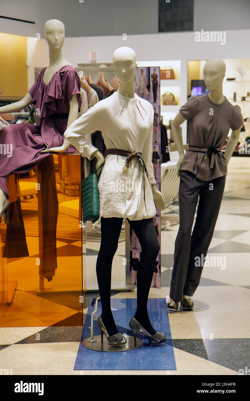 Miami Beach Florida,Lincoln Road Mall,boutique,clothes,clothing,accessories,luxury,well dressed,mannequins,store,stores,businesses,districtdisplay sal Stock Photo