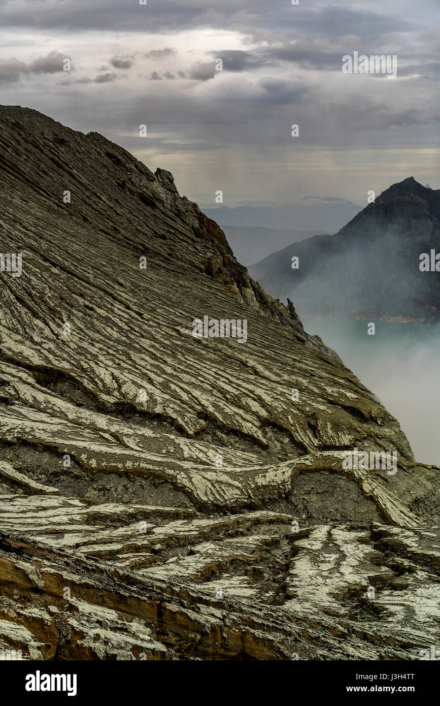 The Ijen crater in Java, Indonesia. This is a site of sulfur mining