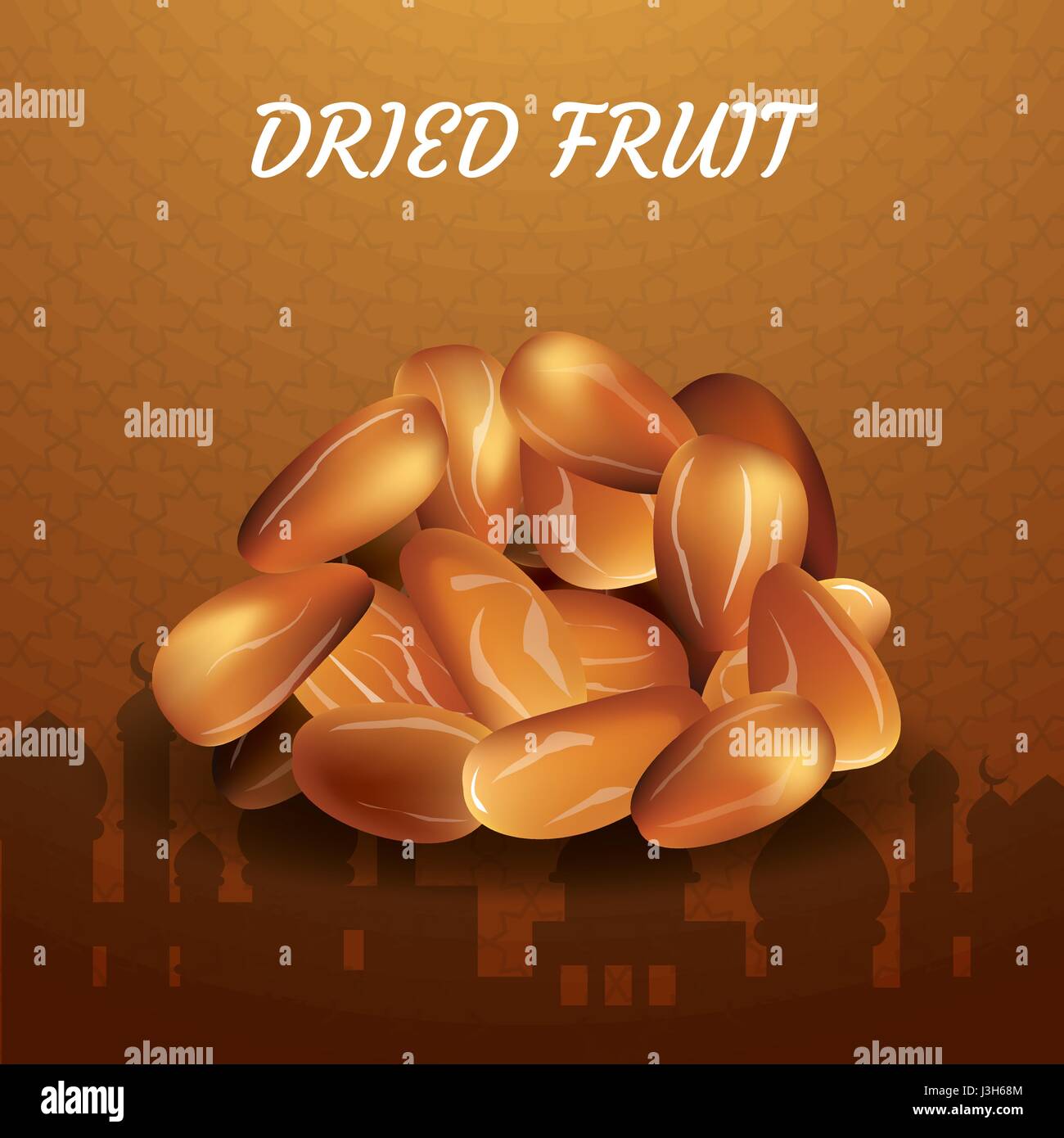 Dried date palm fruits or kurma, ramadan food.Illustration of Eid Kum Mubarak Stock Vector