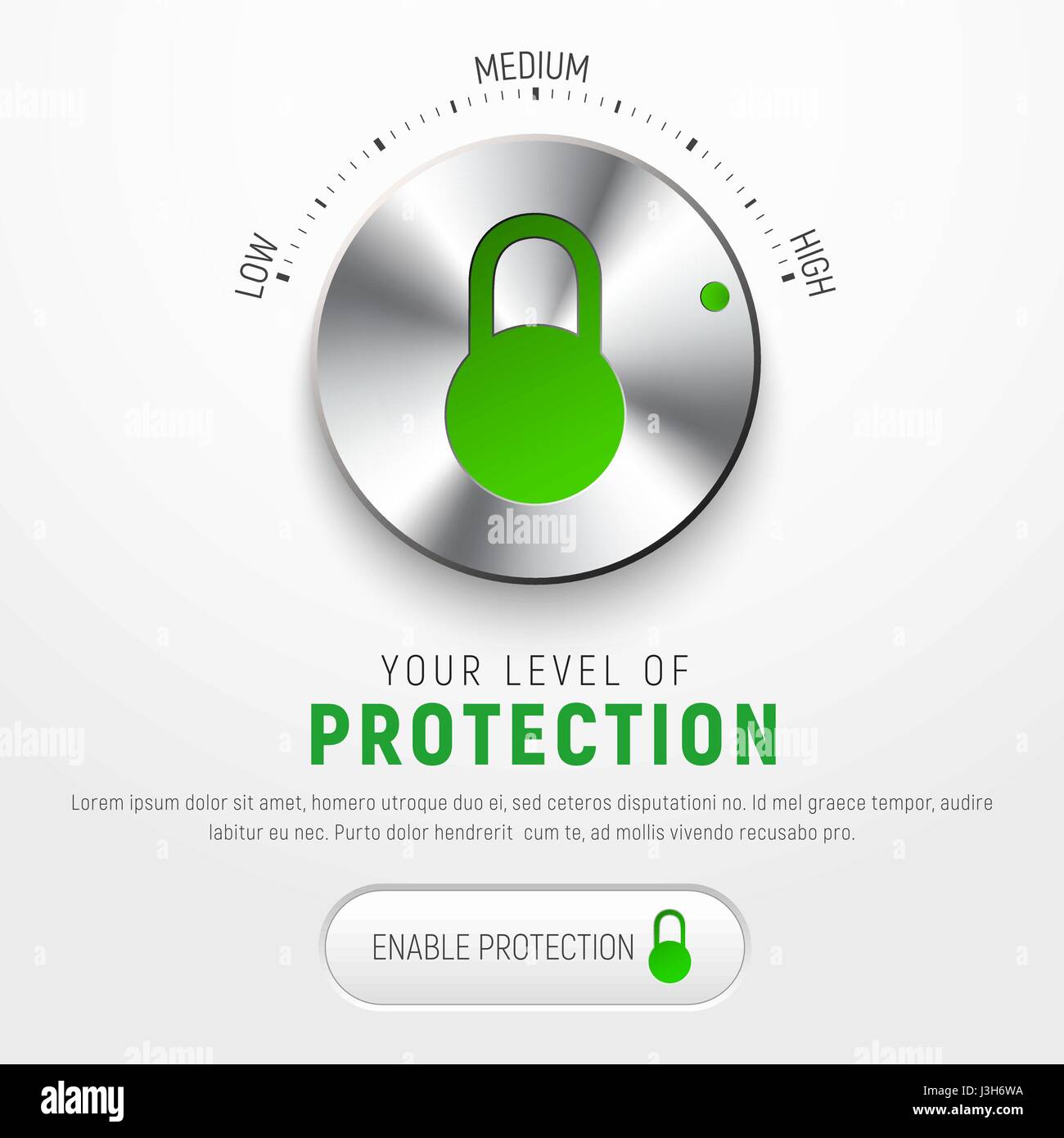 Design a white banner to protect information with a round button to select the level of protection and the icon of the padlock. Vector illustration Stock Vector