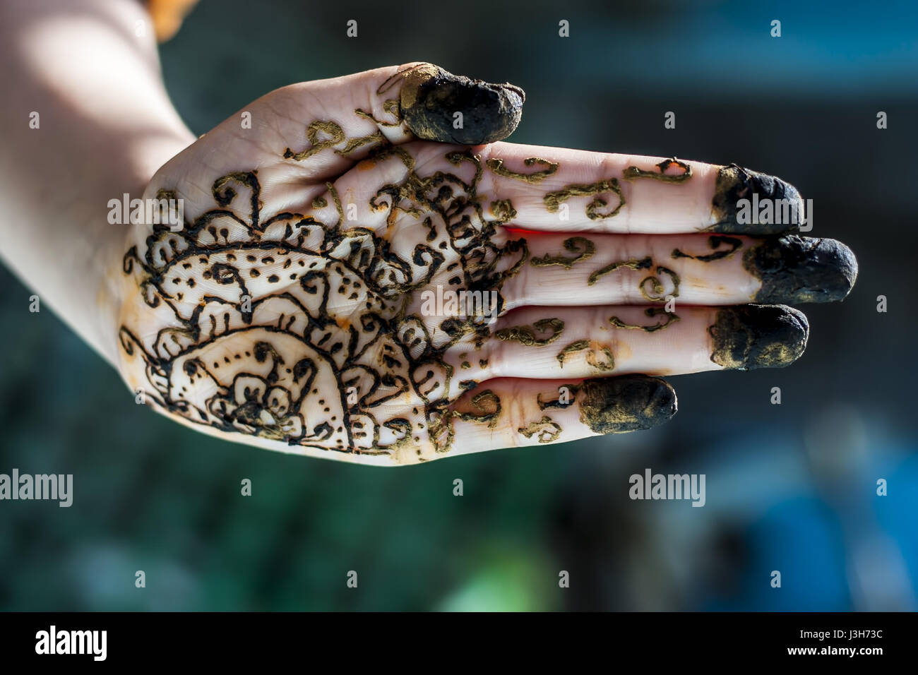 A girl showing his hand decorated with hanna desighn called 'Mehendi' Stock Photo