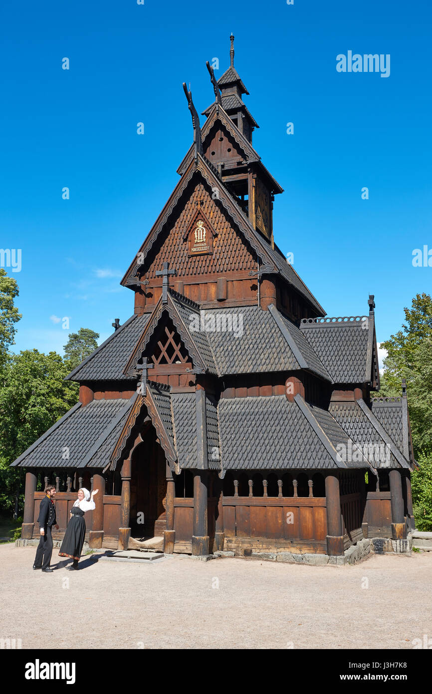 Norwegian Oslo restored stave church. Gol. Bygdoy. Norsk Folkemuseum. Vertical Stock Photo