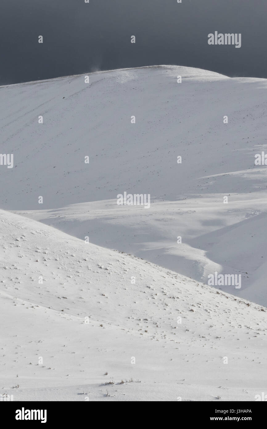 Hills of Lamar Valley, Yellowstone NP, strong wind blasting snow over rolling hills, threatening dark black sky, upcoming bad weather, Wyoming, USA. Stock Photo