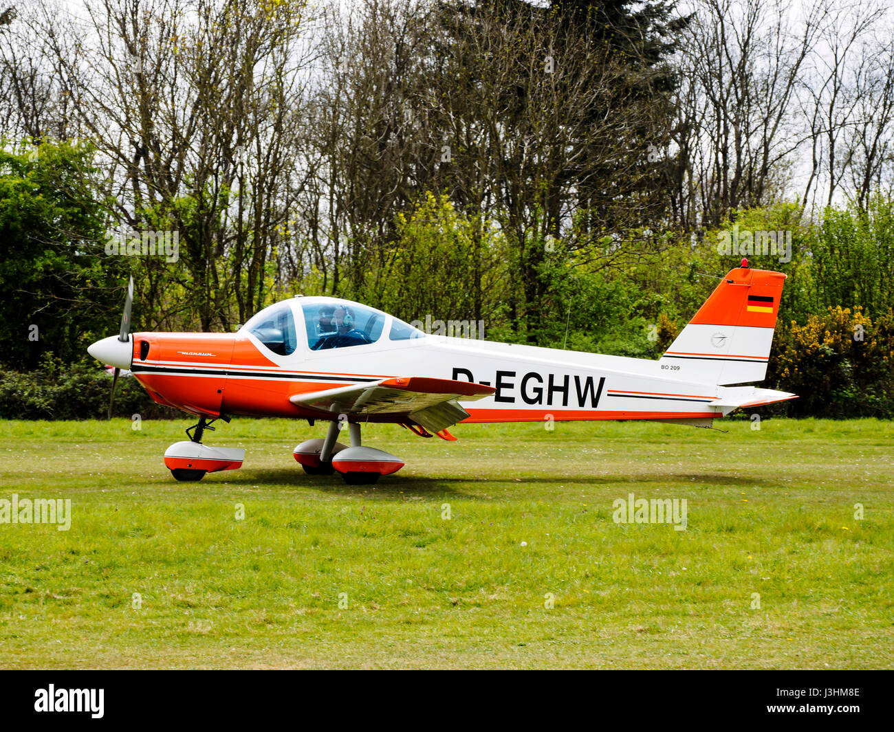 D-EGHW  is a private Bolkow BO.209 Monsoon 150FV light aircraft seen here after landing at Popham Airfield in Hampshire in May 2017. Stock Photo