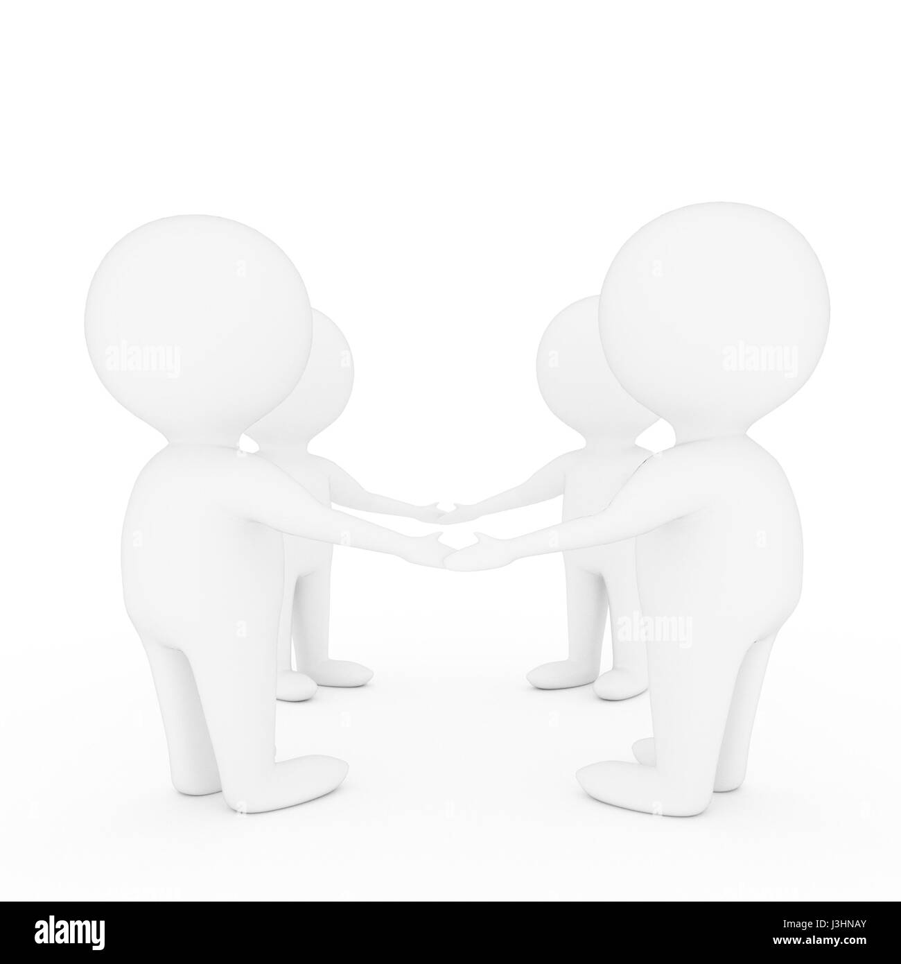 small people holding hands in teamwork on isolated white background in 3D rendering Stock Photo