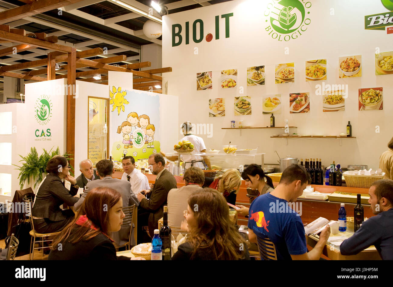 Germany, Cologne, the ANUGA food and beverages trade fair at the exhibition center in the district Deutz, stall of the company Bioitalia. Stock Photo