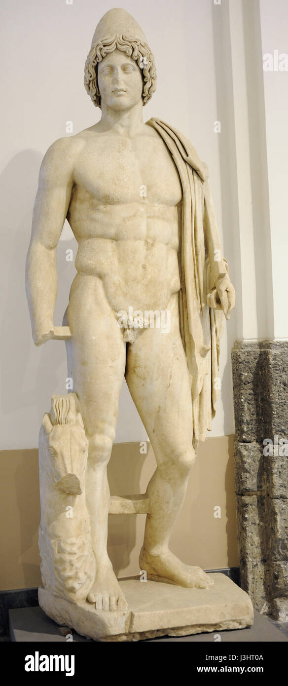 Colossal statues of Dioscuri. Pentelic marble. From Baia, 2nd century AD. One of the twins Castor and Pollux. National Arhaeological Museum. Naples. Italy. Stock Photo