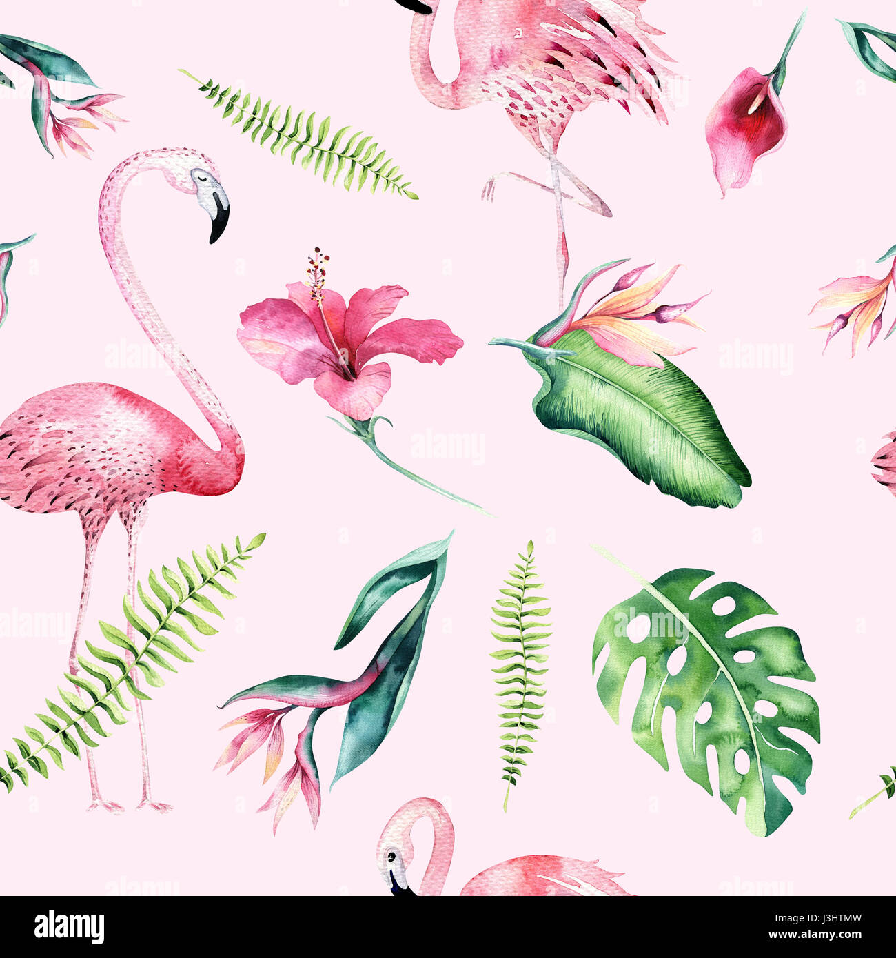 Tropical isolated seamless pattern with flamingo. Watercolor tropic drawing, rose bird and greenery palm tree, tropic green texture, exotic flower. Al Stock Photo