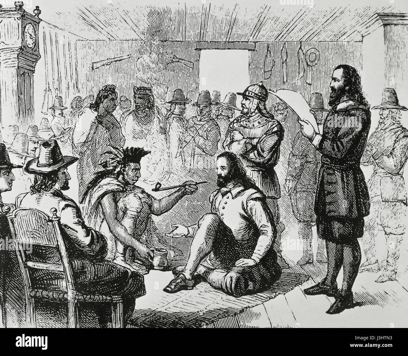 1581-1661), sachem of the Wampanoags, smoking a ceremonial pipe with the Plymouth Colony Governor, John Carver (before 1584-1621). Plymouth 1621. Engraving.