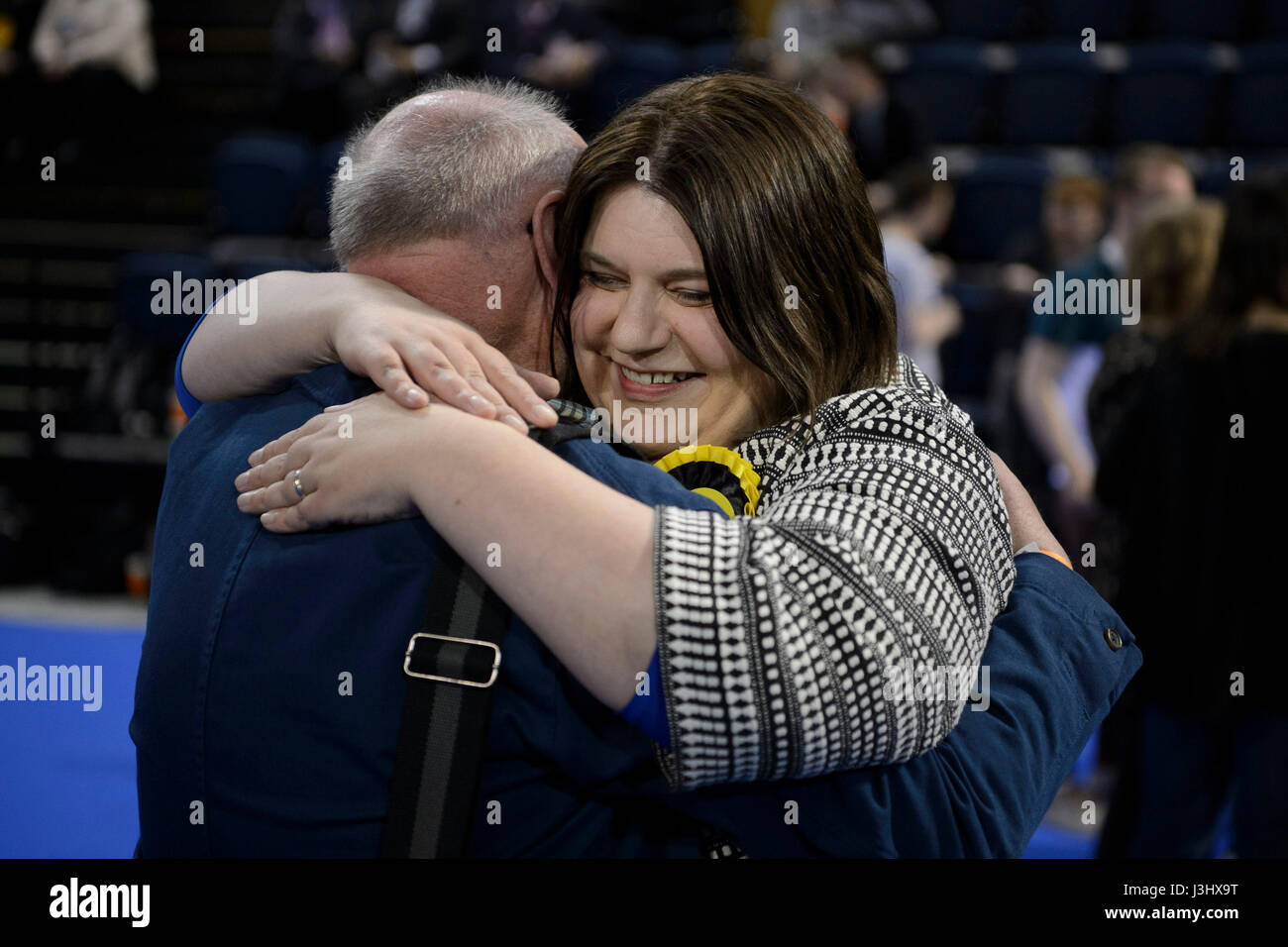 Susan Aitken SNP is congratulated by her father George after the results of the local elections are announced at the Emirates Stadium in Glasgow. Stock Photo